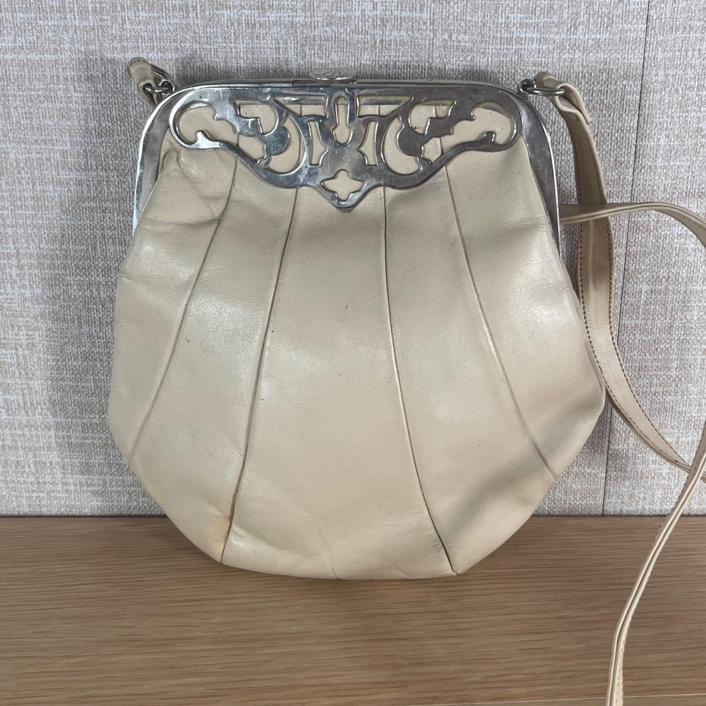 Cream Leather Frame Crossbody Bag Vintage Romantic Floral Hankie Cottagecore